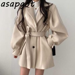 Coats & Jackets Wool & Blends Quilted Coats Chic Autumn Oversize Notched Two Button Slim Lantern Sleeve Woollen Coat Women Belt 210610