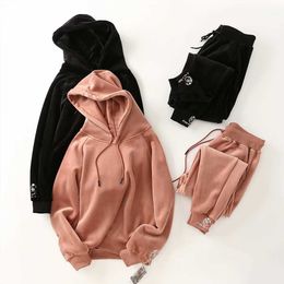 autumn winter Women Sets velvet fish embroidery hooded sweatshirt Fleece Oversized Elastic Waist Harem Pants 210607