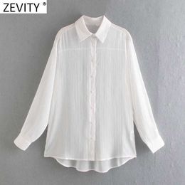 Zevity Women Fashion Metal Striped Print Transparent Smock Blouse Office Ladies Sexy Business Shirts Chic Blusas Tops LS7562 210603