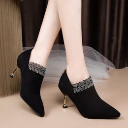 2020 Autumn Woman Bare Boots Black Bling Ankle Boots For Women Pointed Toe Dress Shoes High Heels Booties botas mujer 8310N