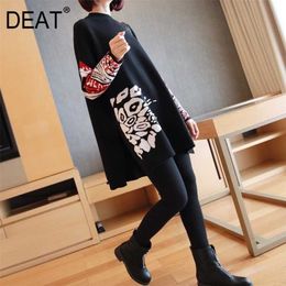 DEAT Women's Sweater Turtleneck Pullover Loose Vintgae Style Print Full Sleeve Wild O Collar Knit Clothes 19M-a345 211011