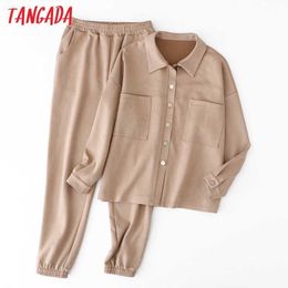 Tangada Women's Set Solid Suede Oversized Jacket Pants Set Autumn Winter Suit Coat and Pants 6L36 210609