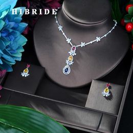 HIBRIDE Multicolor AAA Cubic Zircon Pendant Necklace Earrings Fashion Elegant Jewelry Set Women Birthday Gift N-25