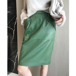 Leather skirt women with pockets midi skirts womens new genuine black and green sheepskin leather pencil skirt high waist 210310