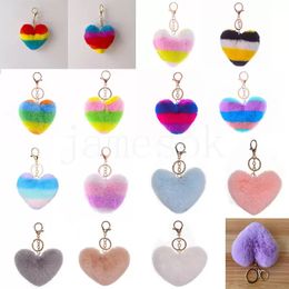 Heart Pompoms Keychain Rainbow Plush Balls Key Chains Decorative Pendant for Women Bag Accessories Keychains Car Fashion Keyring de022