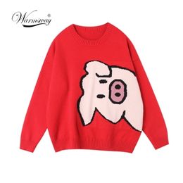 Spring Autumn Women Pullover Sweaters O Neck Cartoon Pig Pretty Vintage Japan Style Ladies Knitwear Jumper Tops C-068 210917