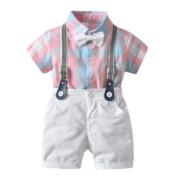 Summer Baby Suits Gentleman Boy Short-Sleeve Plaid shirt +Overalls Shorts With Tie cotton Wedding Boys Clothes Set 210309