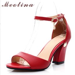 Meotina Women Shoes Natural Genuine Leather High Heel Sandals Thick Heels Buckle Shoes Square Toe Ankle Strap Ladies Sandals 210608