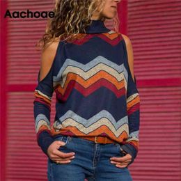 Aachoae Women T Shirt Sexy Cold Shoulder Tops Casual Turtleneck Knitted Top Jumper Pullover Print Long Sleeve Tshirt Camiseta 210722
