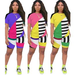 2022 Women 2 Piece Set Tracksuit Designer Fashion Stripe Printed Contrast Color Stitching Shorts Sleeve Hot Pants Summer Casual Jogging Suit