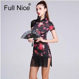 Stage Wear Fashion Slim Flower Print Ice Silk Cheongsam Tassel Sexy Latin Dance One-piece Dress For Women/female, Ballroom Costumes