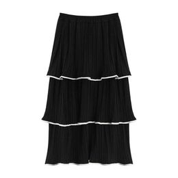 PERHAPS U Black Pink Solid Cascading Ruffle Midi Skirt Casual Empire Ruched Cake Skirt Summer S0233 210529