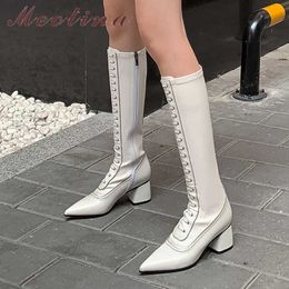 Meotina Genuine Leather High Heel Knee High Boots Women Shoes Pointed Toe Thick Heels Zipper Fashion Long Boots Autumn White 40 210608