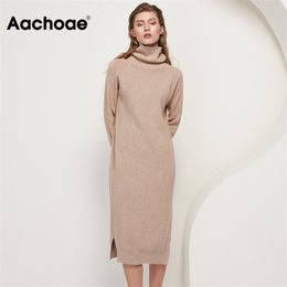 Aachoae Solid Knitted Long Dress Women Autumn Winter Turtleneck Long Sleeve Sweater Dress Lady Split Loose Casual Dress Vestidos 210303
