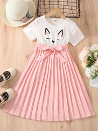 Toddler Girls Cat Print Belted Pleated Hem Dress SHE