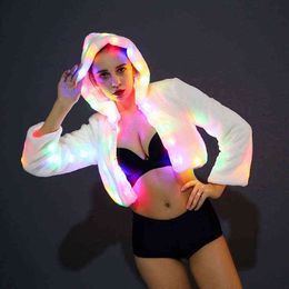 Trendy Furry Faux Rabbit Coat For Women Autumn Winter Hooded Short Warm High Street White Jackets With Led Light 211207