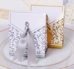 New 10pcs Creative Golden Silver Ribbon Wedding Favours Party Gift Candy Paper Box Cookie Candy gift bags Event Party Supplies #2021126