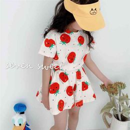 Korean style summer cute cartoon tomato printing clothes sets for girls cotton short sleeve T shirt and loose shorts 2pcs 210708
