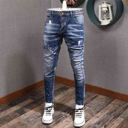 Fashion Streetwear Men Jeans Retro Blue Slim Fit Paint Designer Night Club Hip Hop Pants Elastic Ripped Homme 210723