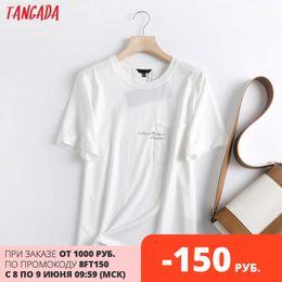 Tangada Women Letter Print High Quality Cotton T Shirt Short Sleeve O Neck Tees Ladies Casual Tee Shirt Street Wear Top 6D2 210609