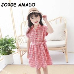Summer Kids Girls Dress Pink Plaid Short Sleeves with Sashes Casual Sweet Style Outfits Children Clothes E303 210610