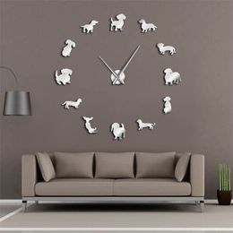 DIY Dachshund Art Wiener-Dog Puppy Pet Frameless Giant With Mirror Effect Sausage Dog Large Clock Wall Watch 210310