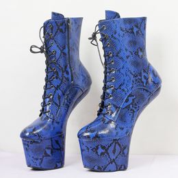 Unisex Snake Skin Pattern Lace Up Ankle Boots Platform Stripper Sexy Exotic Dance High Heels