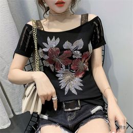 Summer Fashion Korean Clothes T-shirt Sexy Hollow Out Diamonds Cotton Women Tops Ropa Mujer Short Sleeve Tees New T04513 210306