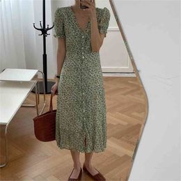 Summer Retro Short Sleeves V-Neck Streetwear Vintage All Match Femme OL A-line Sweet Long Dresses Vestidos 210525