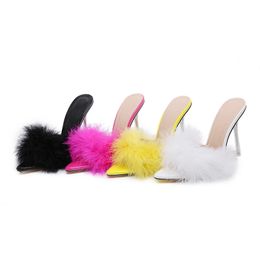 Comemore Sandals Sexy Feather Woman Slippers Transparent High Heels Fur Stiletto Pointed Mules Evening Party Women Shoes Rose 41 0227
