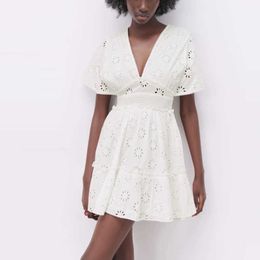 Za Summer Openwork Embroidered Mini Dress Women Short Sleeve Elastic Waist White Embroidery Dresses Vintage Ruffle Dress 210602