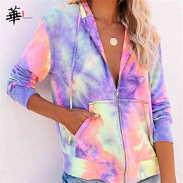 Tie Dye Zip-up Hoodies Women Pockets Drawstring Hooded Coat Casual Rainbow Hoodie Long Sleeve Plus Size Hoddies Top 210805