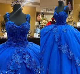 2021 Hot Royal Blue Prom Dress Ball Gown Quinceanera Dresses 3D Flowers Floral Applique Lace Tulle Princess Sweet 16 Dress Long Corset Cheap