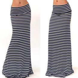 Fashion Women Summer New Long Skirt Striped Wave Charming Elastic High Waist Boho Printing Saia Falda Female Maxi Skirt 210309