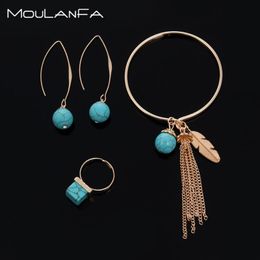 Earrings & Necklace 3 Pcs/set Antique Gold Color Earring Turquoises Natural Stone Beads Ring Bracelet Charm Jewelry Set Pack For Women