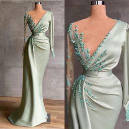 Beading Evening Modest Dresses Long Sleeves Satin Lace Applique 2021 Custom Made Ruched Floor Length Jewel Illusion Prom Party Gown Vestido