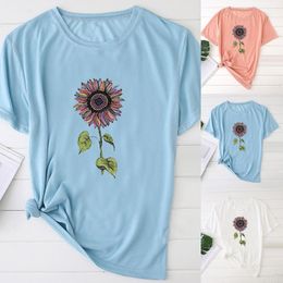 Women's T-Shirt Solid Colour Sunflower Print T-Shirts Fashion O-Neck Oversized Casual Hundred Short Sleeve Ropa Mujer