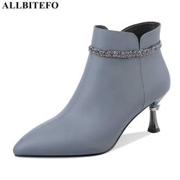 ALLBITEFO full genuine leather high heels party women boots thin heels ankle boots for women office ladies shoes 210611