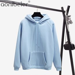 Aonibeier Fleece Hoodies Autumn Winter Long Sleeve Fashion Women Hooded Sweatshirt Pocket Front Raglan Sleeve Casual Pullovers 201030