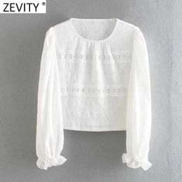 Zevity Women Fashion O Neck Lace Crochet Hollow Out Embroidery Short Smock Blouse Female Ruffles Shirts Chic Blusas Tops LS7523 210603