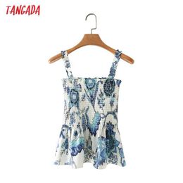 Tangada Women Flower Print Camis Crop Top Spaghetti Strap Sleeveless Backless Short Blouses Shirts Female Tops 4T57 210609