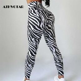 Sexy Zebra Stripes Fitness Leggings High Waist Woman Quick Drying Elasticity Slim Pants Workout 211204