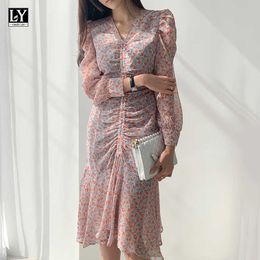 LY VAREY LIN Spring Women V-Neck Ruched A-line Dress Ruffles Floral Print Slim Waist Midi Female 210526