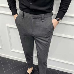 Korean Slim Suit Pants Men's Simplicity Straight Business Dress Pants Spring Summer Ankle Length Casual Trousers Black Gray 42 210527