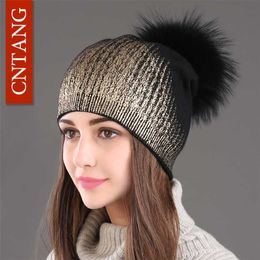Winter Beanies Ladies Knitted Wool Warm Hats Fashion Pom Real Raccoon Fur Caps Skullies Hat For Women Print Cap 211228