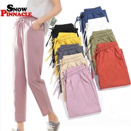 Womens Spring Summer Pants Cotton Linen Solid Elastic waist Candy Colours Harem Trousers Soft high quality for Female ladys S-XXL 211008