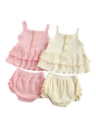 Rompers 2 Pcs Born Ruffled Outfits, Baby Girl Sleeveless Solid Colour Boat Neck Spaghetti Strap Button Tank Top + Shorts