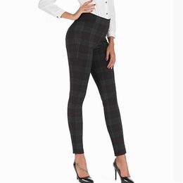 Women Skinny Pant Autumn Fashion Elastic High Waist Plaid and Black Stretch Material Modern Lady Long Pencil Pants 210602