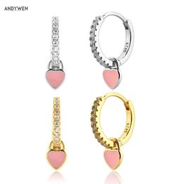 ANDYWEN 925 Sterling Silver Pink Heart Enamel Piercing Pendiente Drop Earring Ciecle Trends Zrcon CZ Crystal Fine Jewellery 210608