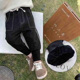 Winter handsome boy thick fleece lining knitted casual pants kids fashion ankle-tied trousers 210708